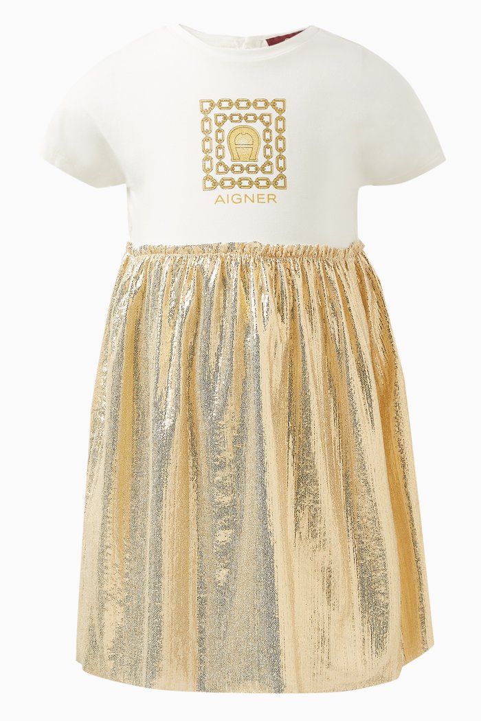 

Logo Print Dress in Cotton Blend, Gold