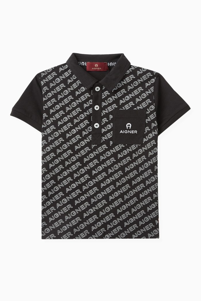 

All-over Print Polo Shirt in Cotton Piqué, Black