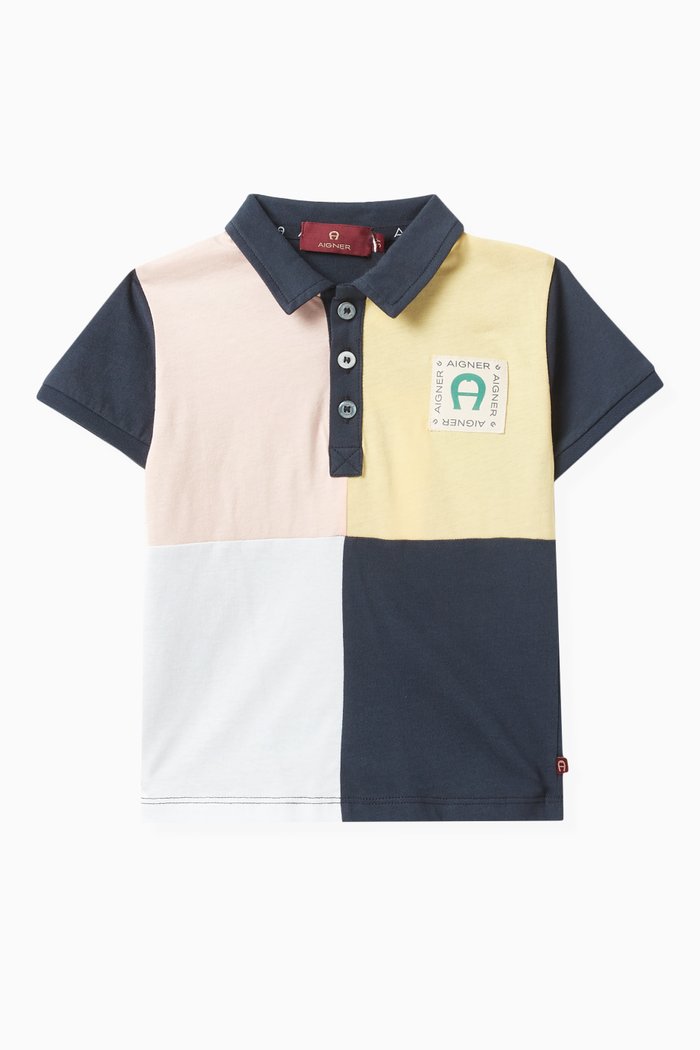 

Square Print Polo Shirt in Cotton Piqué, Blue