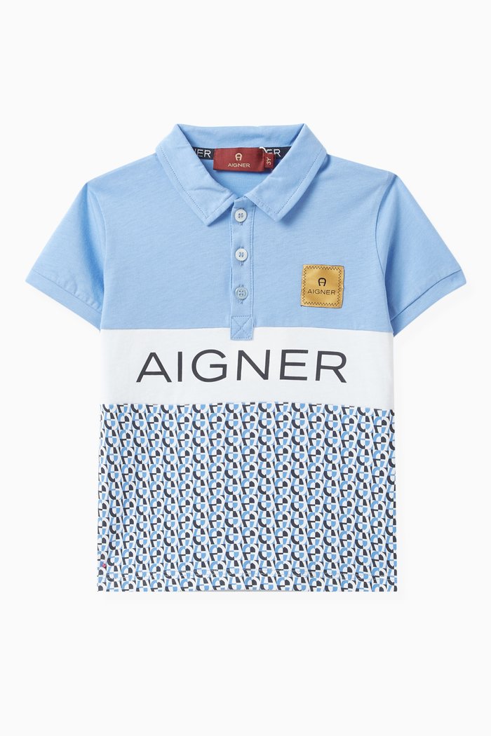

All-over Print Polo Shirt in Cotton Piqué, Blue