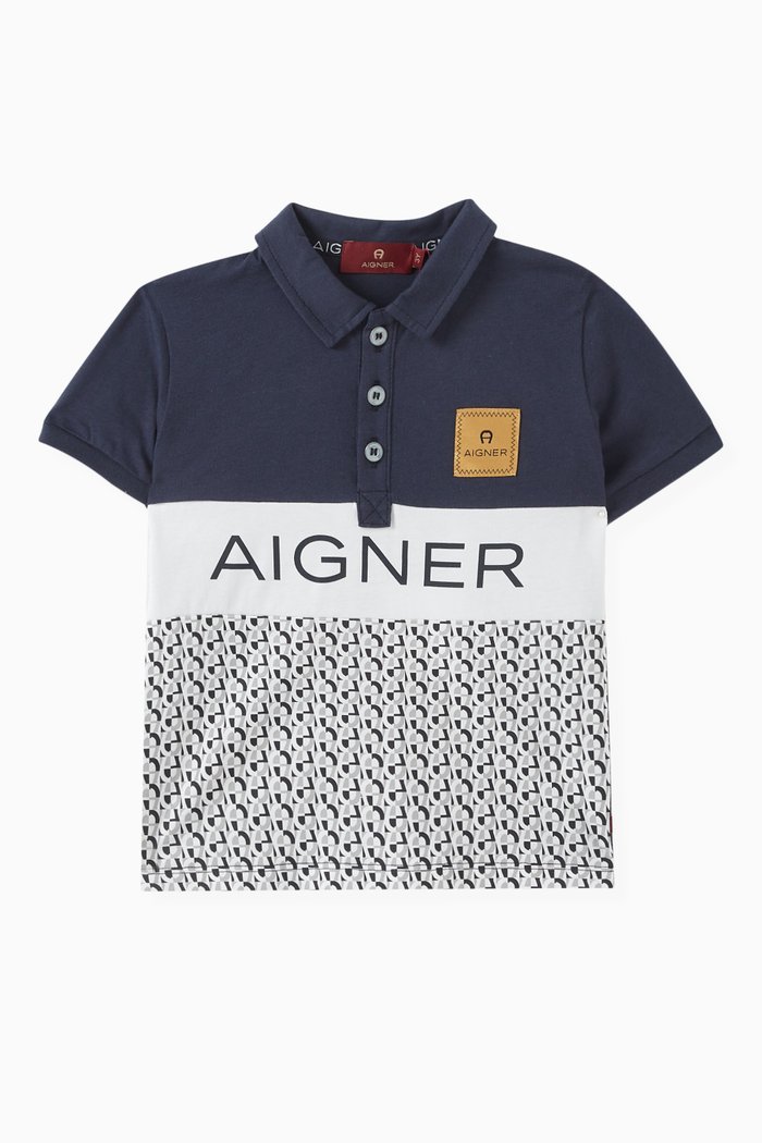 

All-over Print Polo Shirt in Cotton Piqué, Blue