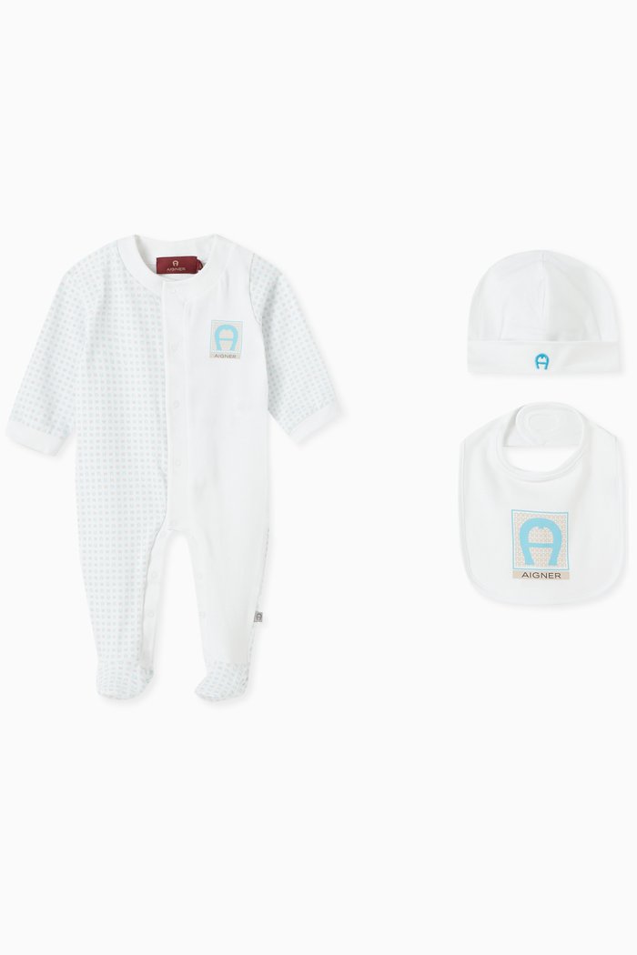 

Logo Bodysuit, Cap & Bib Gift Set in Cotton, White