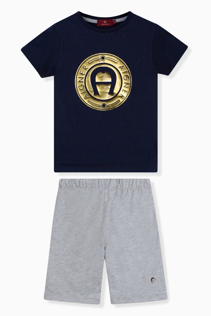 Metallic Logo-print T-shirt & Shorts Set in Cotton-jersey, Blue