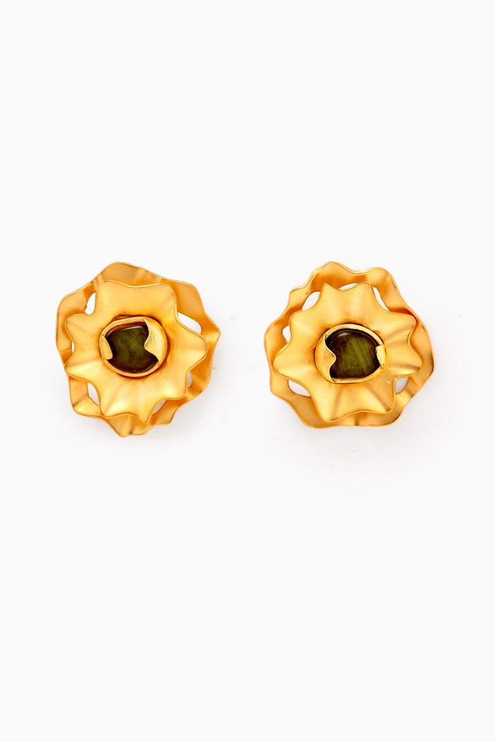 Eclipse Stud Earrings in 18kt Gold-plated Brass, Green