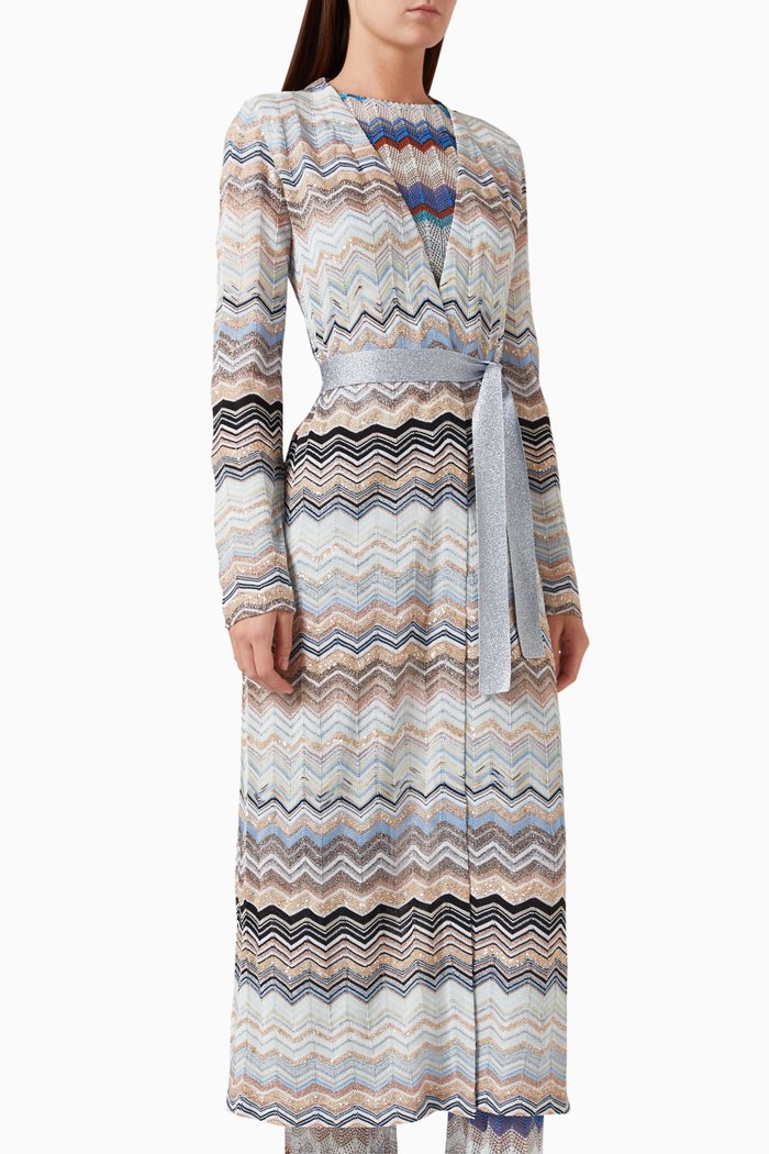 

Zigzag Belted Long Cardigan in Viscose-blend Knit, Blue
