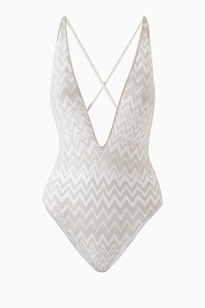 

Chevron-motif One-piece Swimsuit in Lamé, White