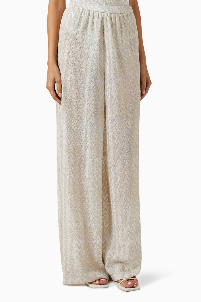 Chevron-motif Wide-leg Pants in Lamé, White