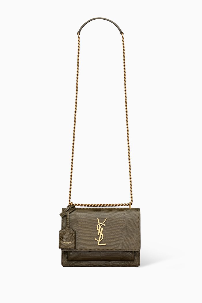 

Small Sunset Shoulder Bag in Shiny Lizard Leather, Green