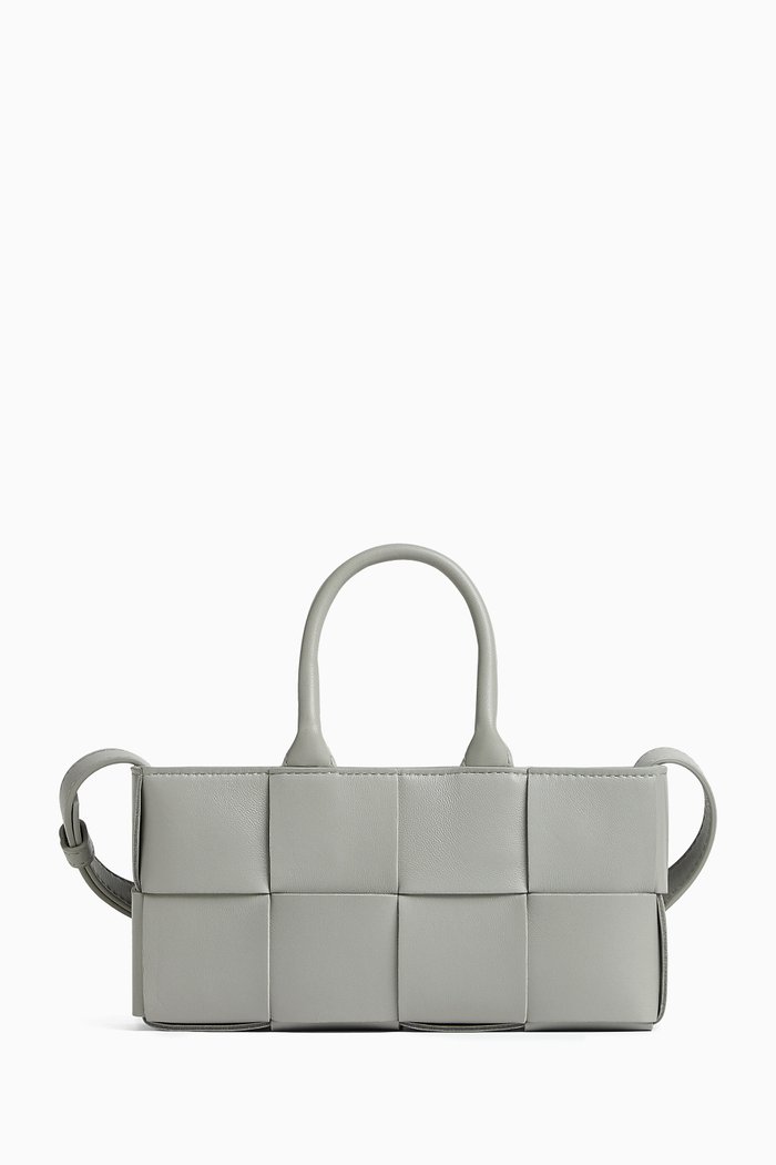 Mini East-West Arco Tote Bag in Intreccio Leather, Grey