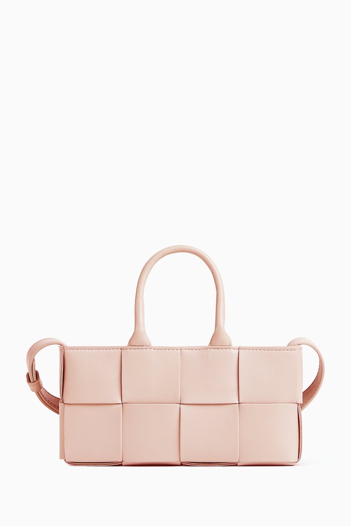 

Mini East-West Arco Tote Bag in Intreccio Leather, Pink