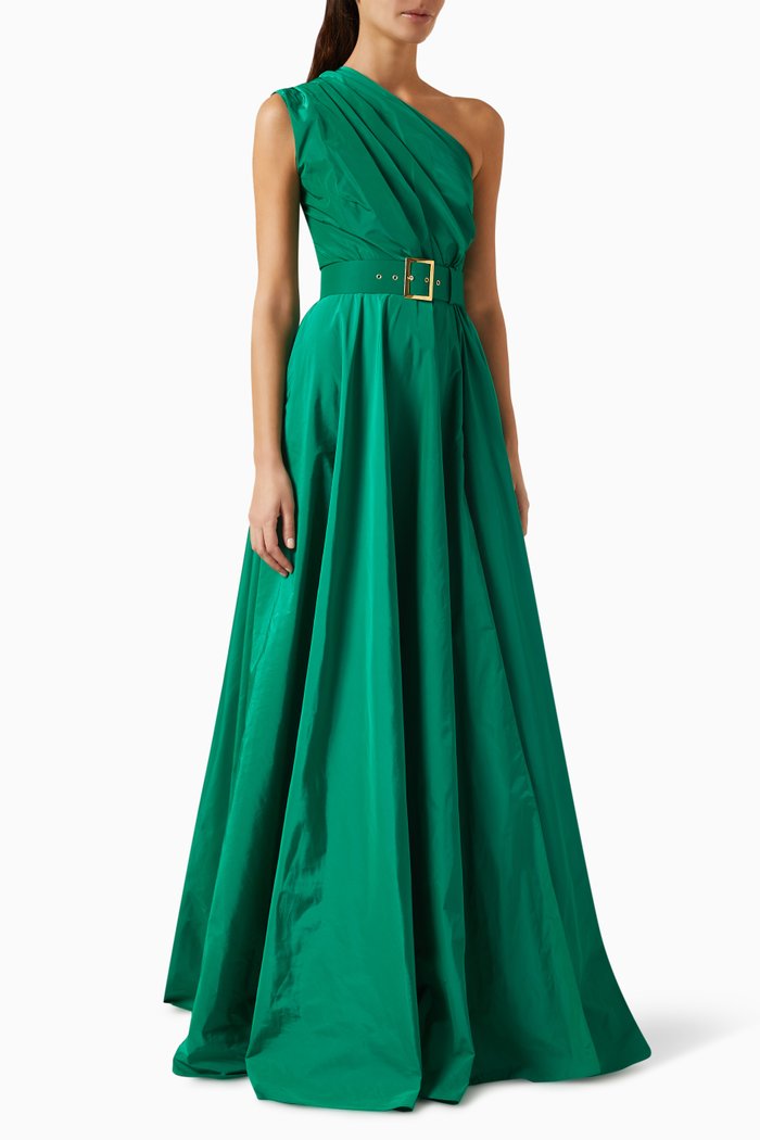 Leen Asymmetric Gown in Tafetta, Green