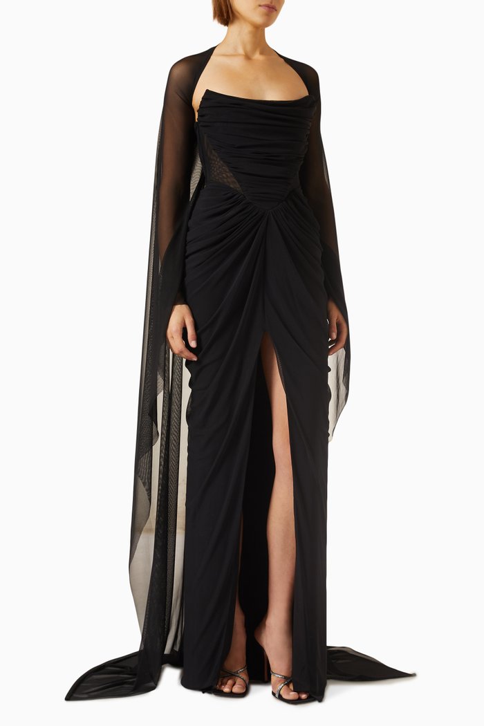 

Mera Cape Gown in Mesh Tulle, Black