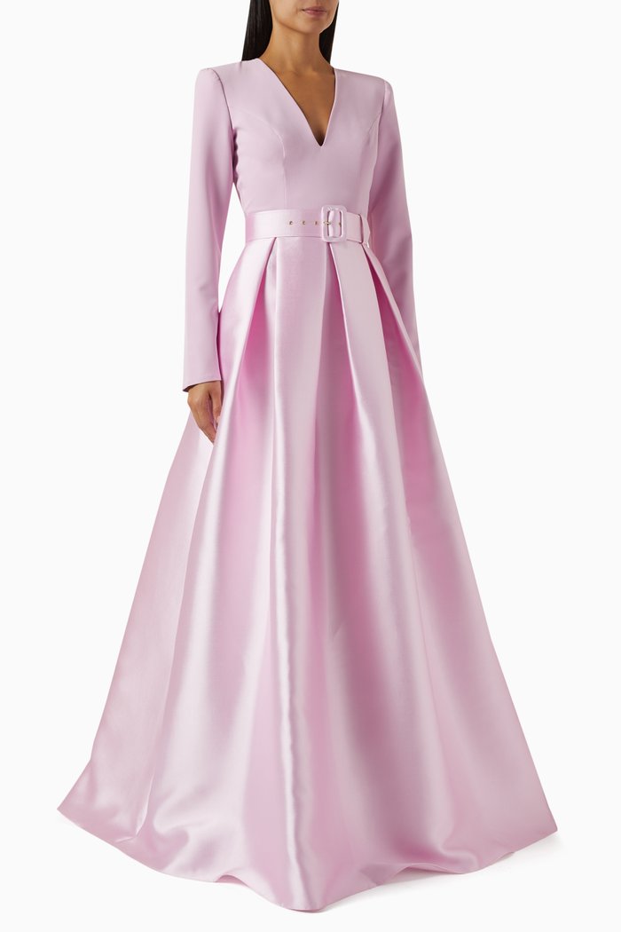 

Ivy Belted Maxi Dress in Crepe & Mikado, Purple