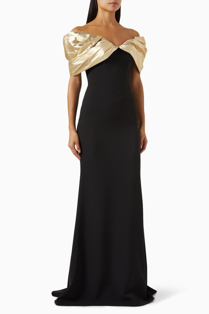 

Ivonna Maxi Dress in Crepe & Metallic Taffeta, Black
