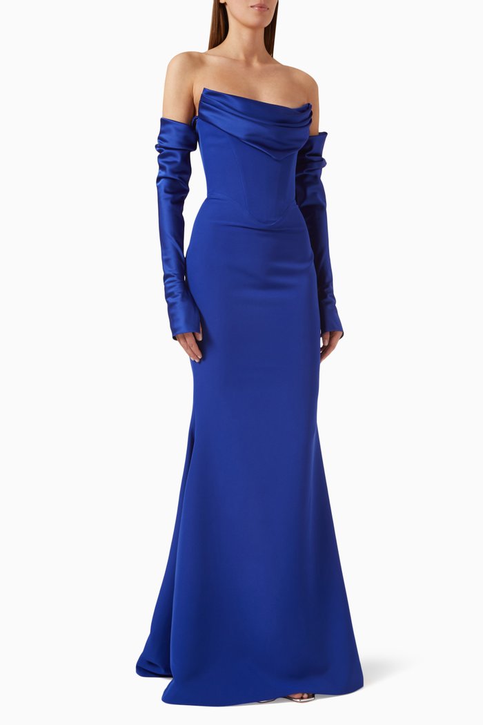 Raven Off-the-Shoulders Gown in Crêpe, Blue
