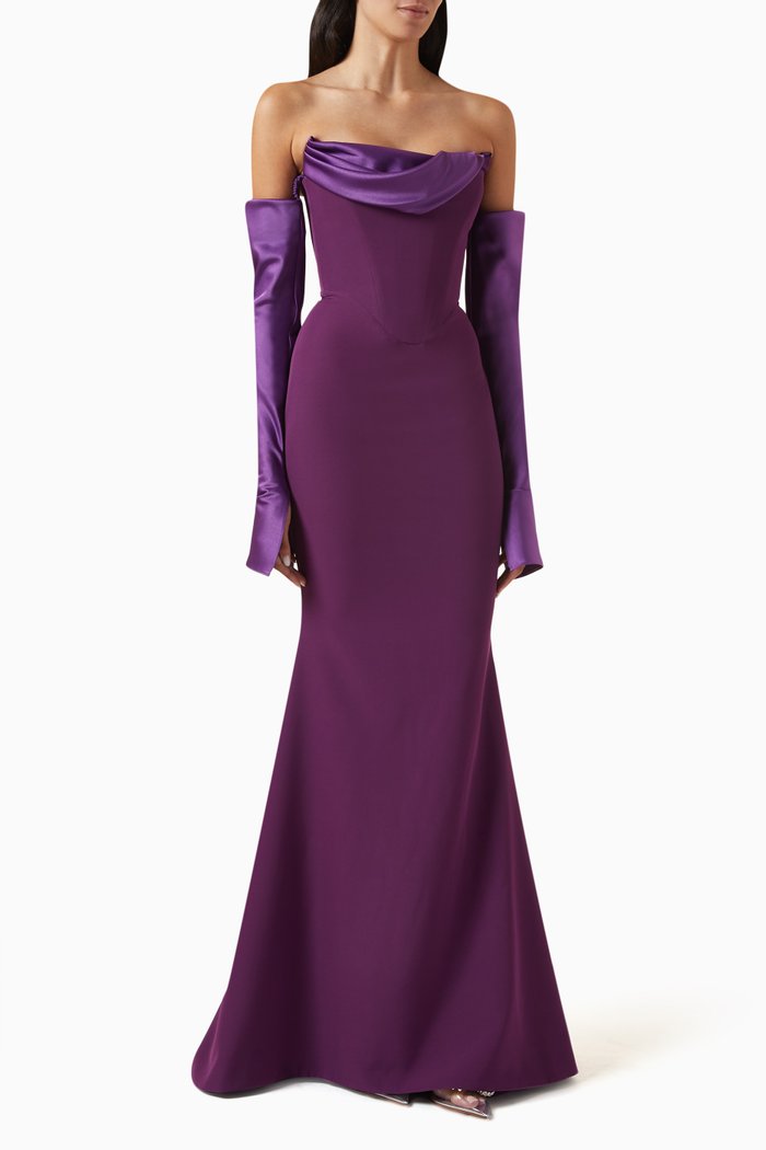 

Raven Off-the-Shoulders Gown in Crêpe, Purple