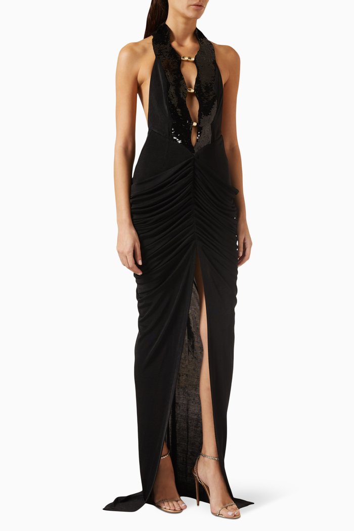 Draped Sequin Maxi Dress, Black