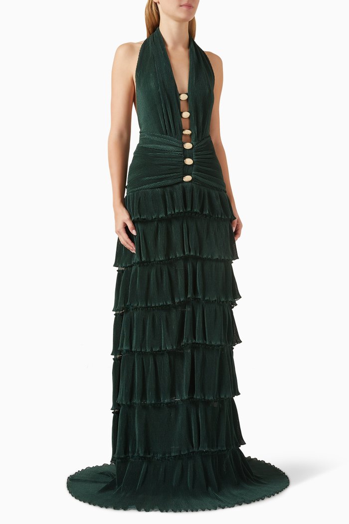 

Halter-neck Ruffled Maxi Dress in Crinkled Crêpe, Green