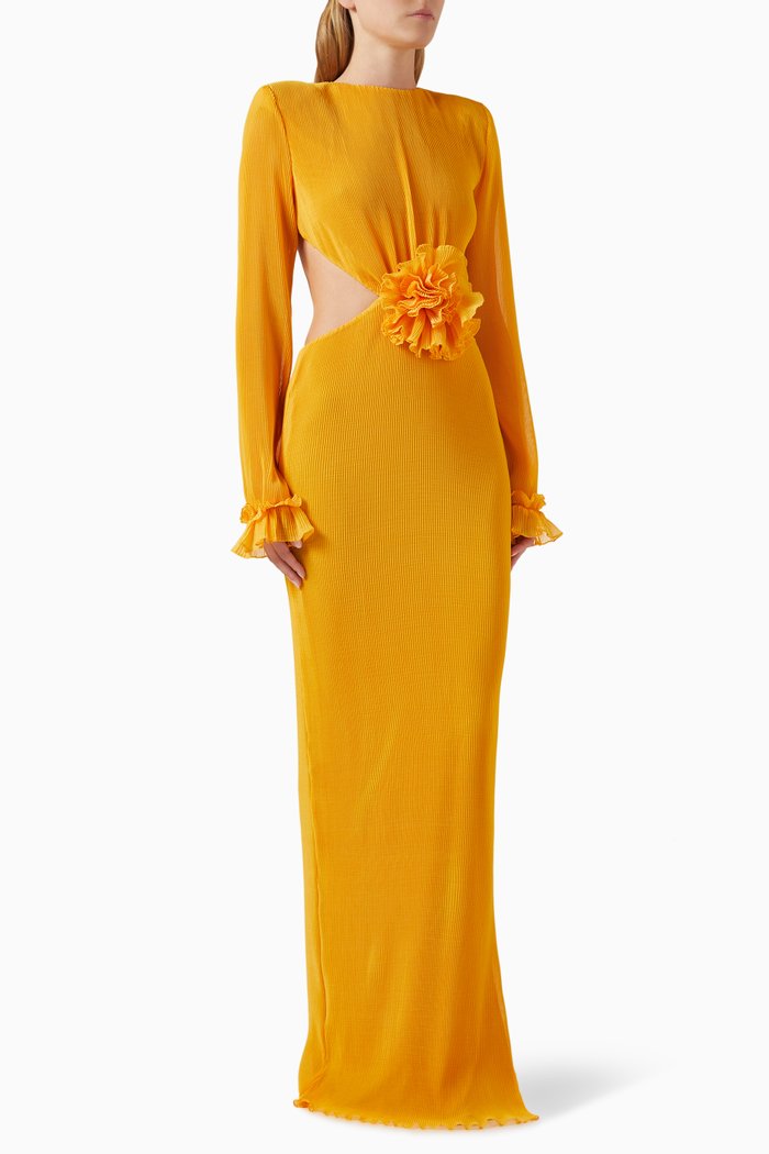 Floral Cut-out Maxi Dress in Crinkled Fabric, Orange