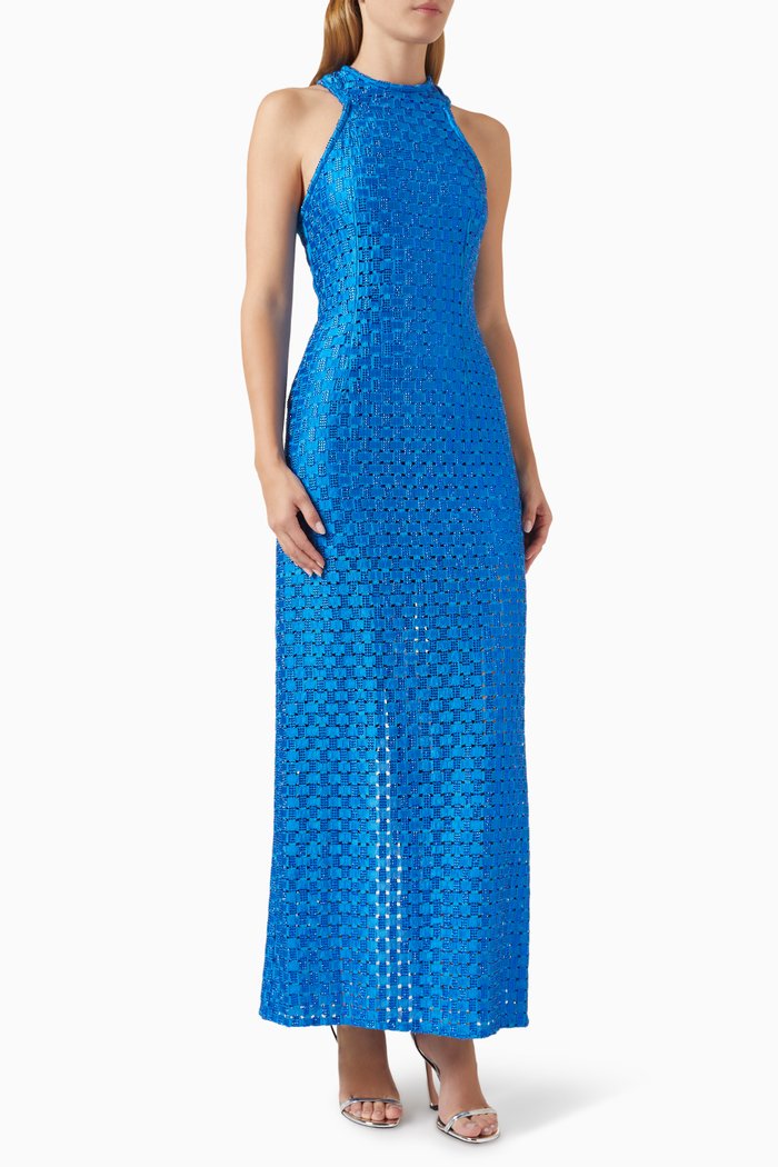Halter-neck Embroidered Maxi Dress in Cotton-blend, Blue