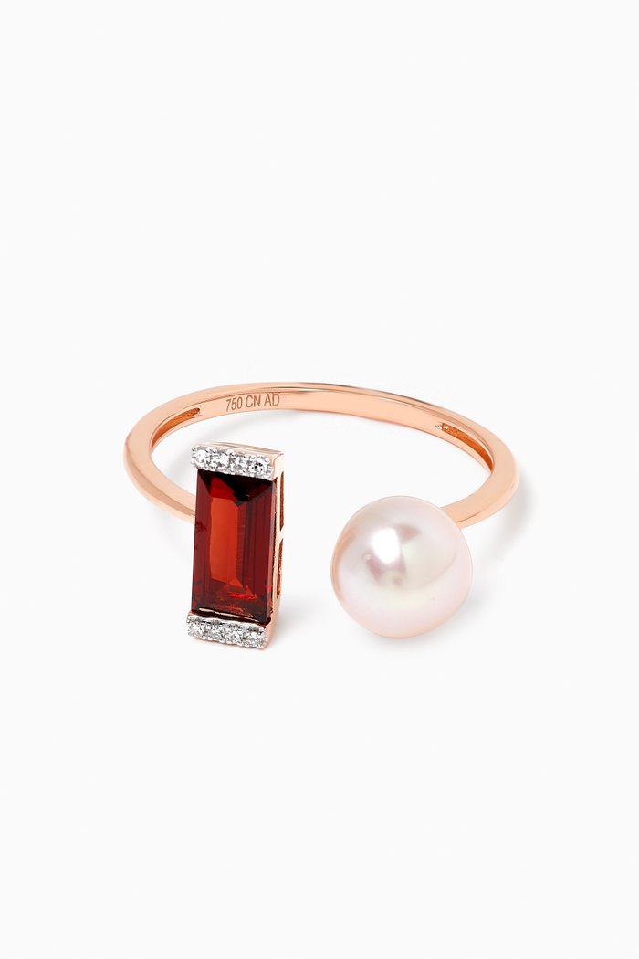 Kiku Sparkle Pearl, Red Garnet & Diamond Ring in 18kt Rose Gold