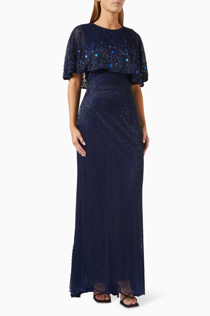 

Embellished Cape Column Gown, Blue