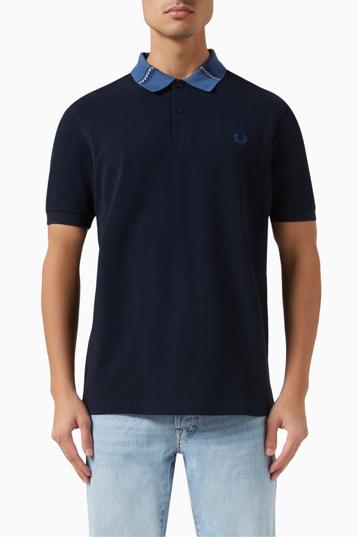 

Graphic Collar Polo Shirt in Cotton Piqué, Blue