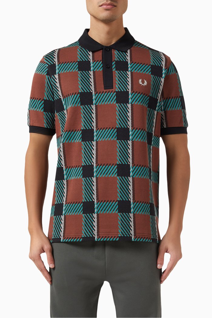 

Glitch Tartan Polo Shirt in Cotton, Brown