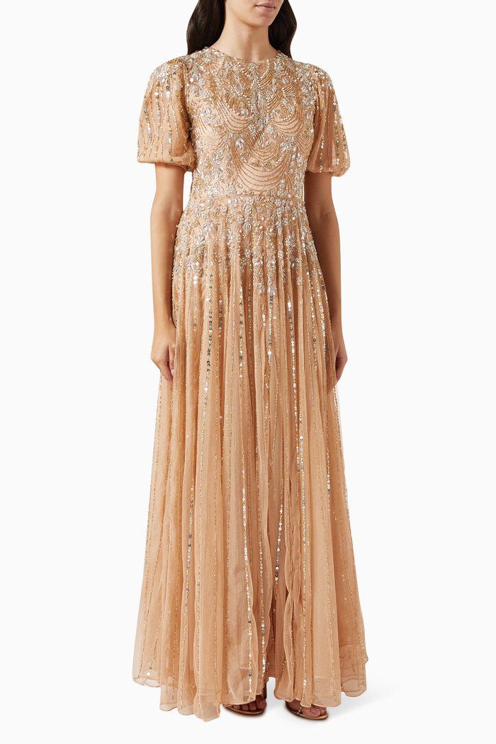 

High Neck Puff Sleeve Embellished Gown, Neutral
