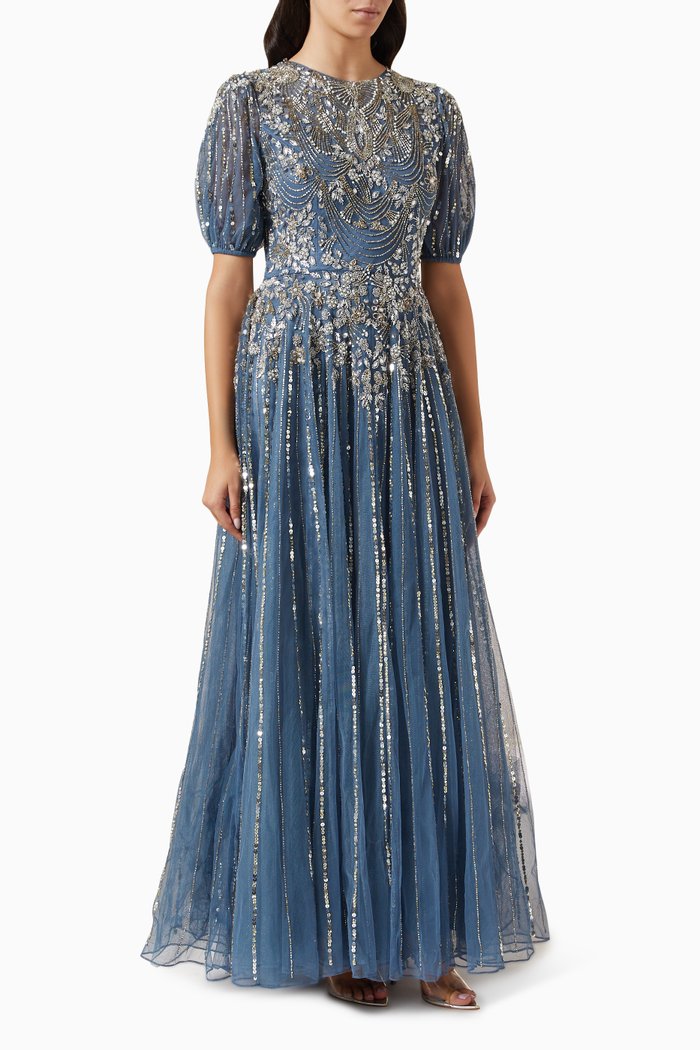 

High Neck Puff Sleeve Embellished Gown, Blue