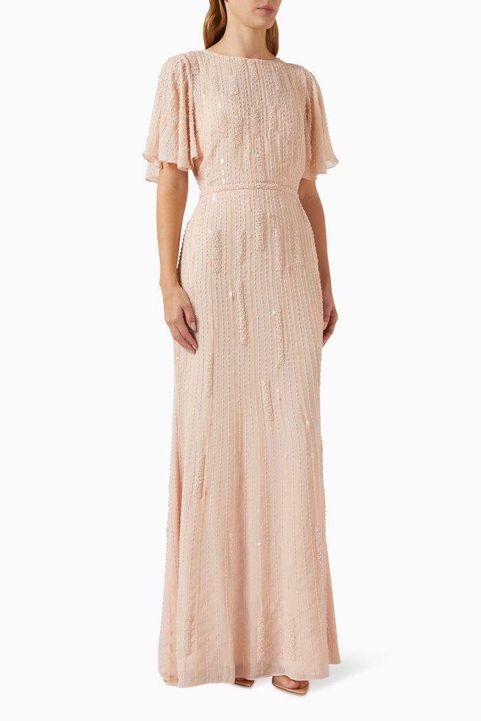

Embellished Flutter-sleeve Gown, Pink