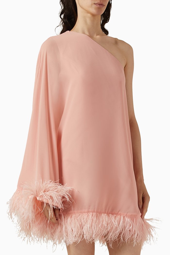 One-shoulder Feather Mini Dress in Crêpe, Pink