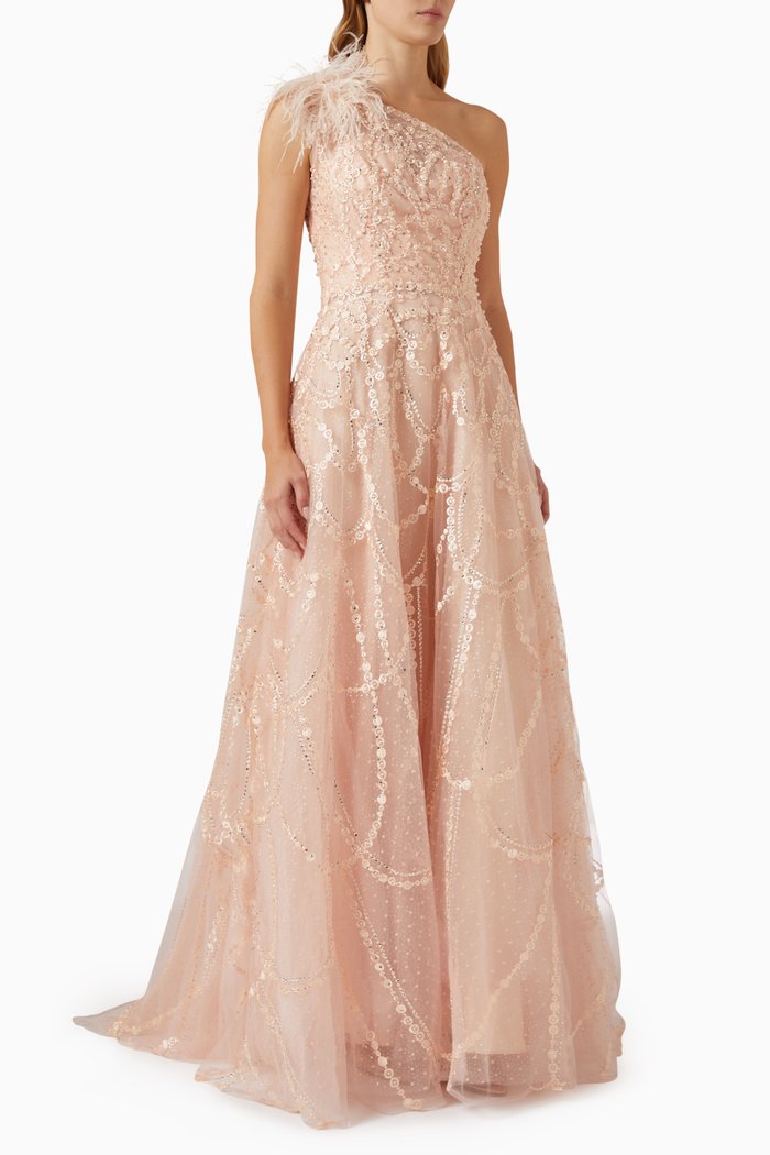 Embellished One-shoulder Gown in Tulle, Orange