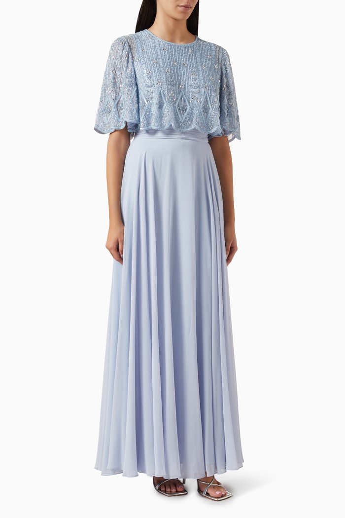 

Beaded Overlay A-line Gown, Blue