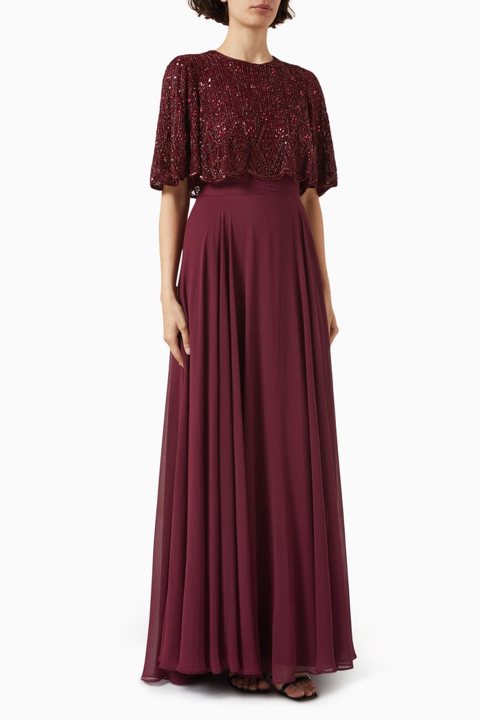 

Beaded Overlay A-line Gown, Purple