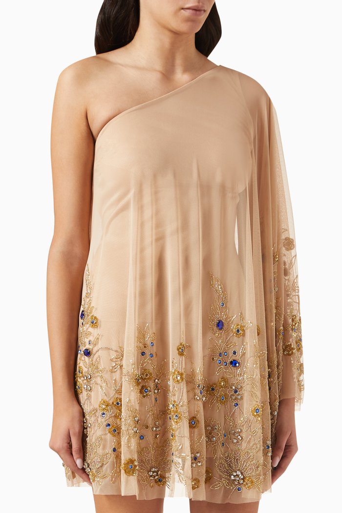 

One Shoulder Embellished Trapeze Mini Dress, Neutral
