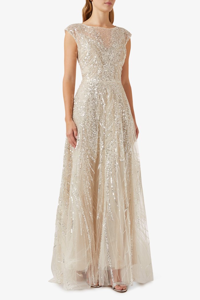 

Embellished Cap-sleeve Gown, Neutral