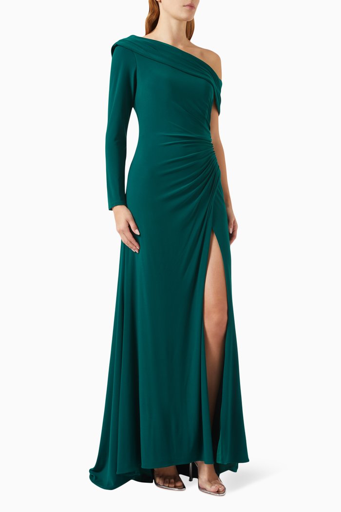

Ruched Drop-shoulder Gown in Jersey, Green