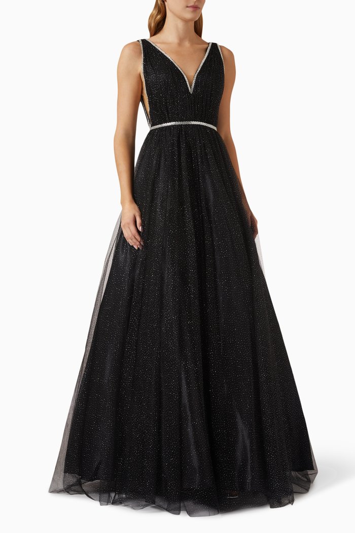 V-neck Sparkle Ball Gown in Tulle, Black
