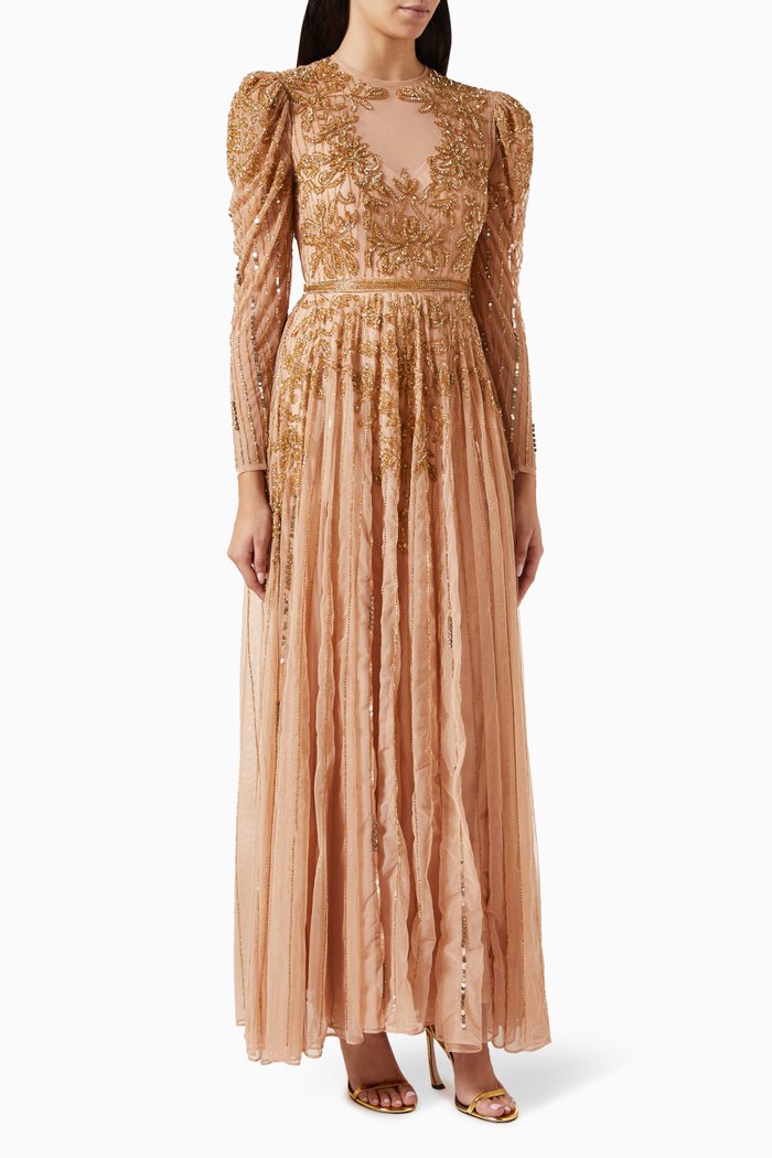 

Beaded Illusion Puff Sleeve Gown, Neutral