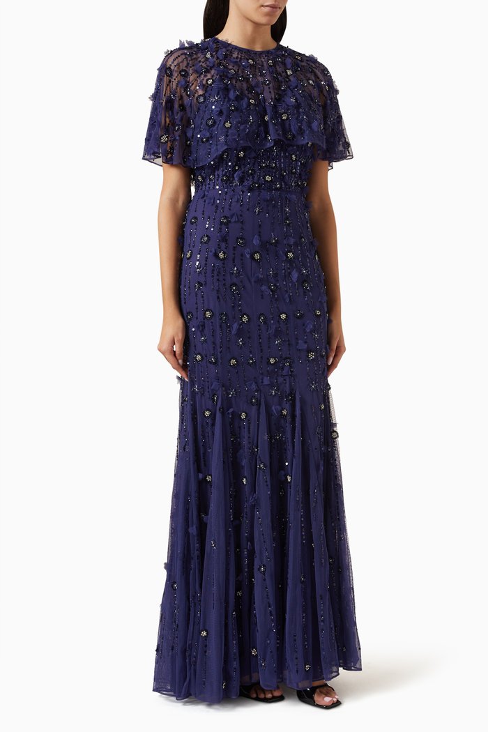 

Embellished Illusion Cape Sleeve Trumpet Gown, Blue