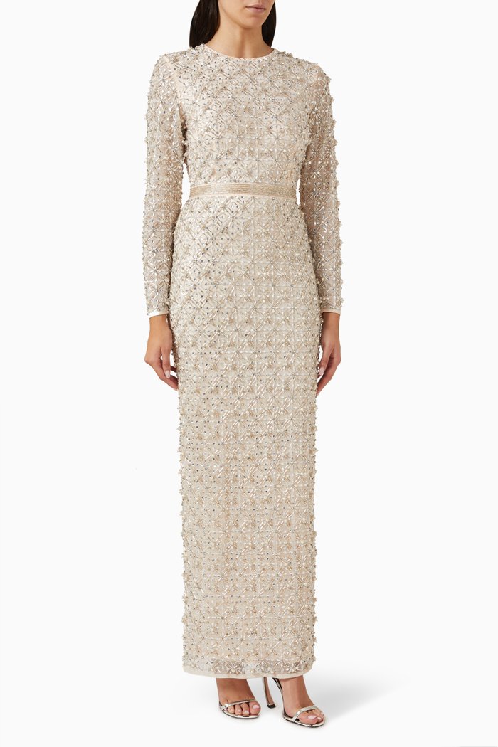 

High Neck Fully Beaded Gown, Gold