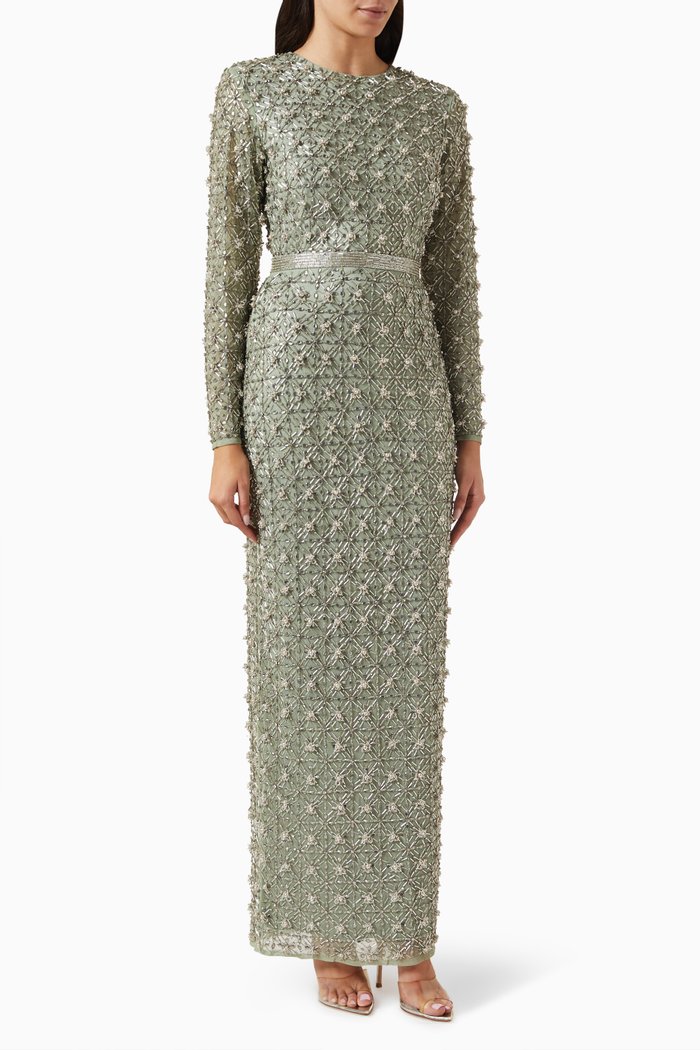 

High Neck Fully Beaded Gown, Green