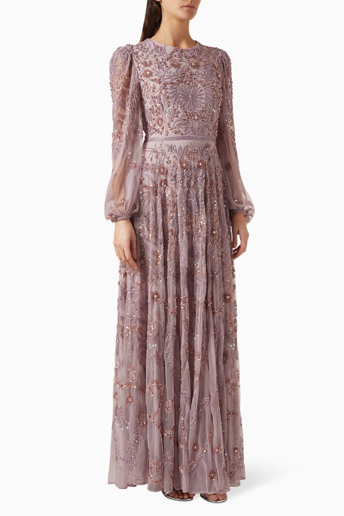 

Puff-sleeve Embellished Gown in Tulle, Purple
