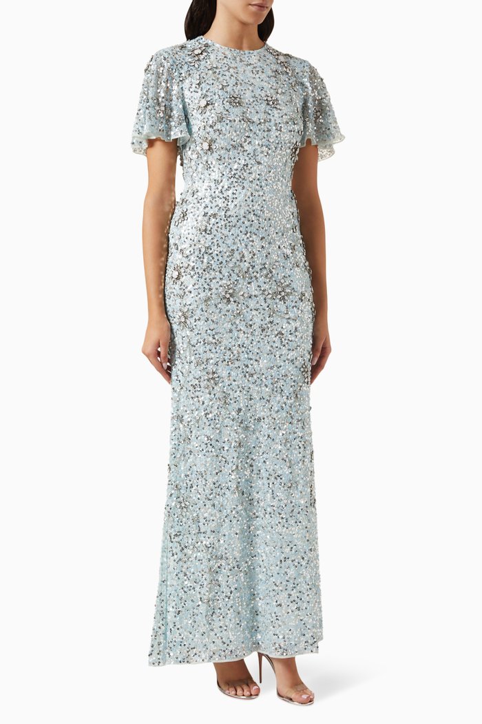 

Flutter Sleeve Sequin High Neck Dress, Blue