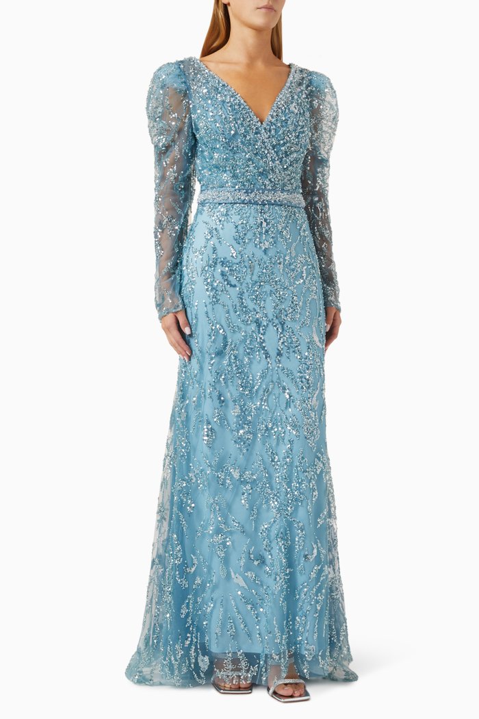 

V-neck Embellished Gown, Blue