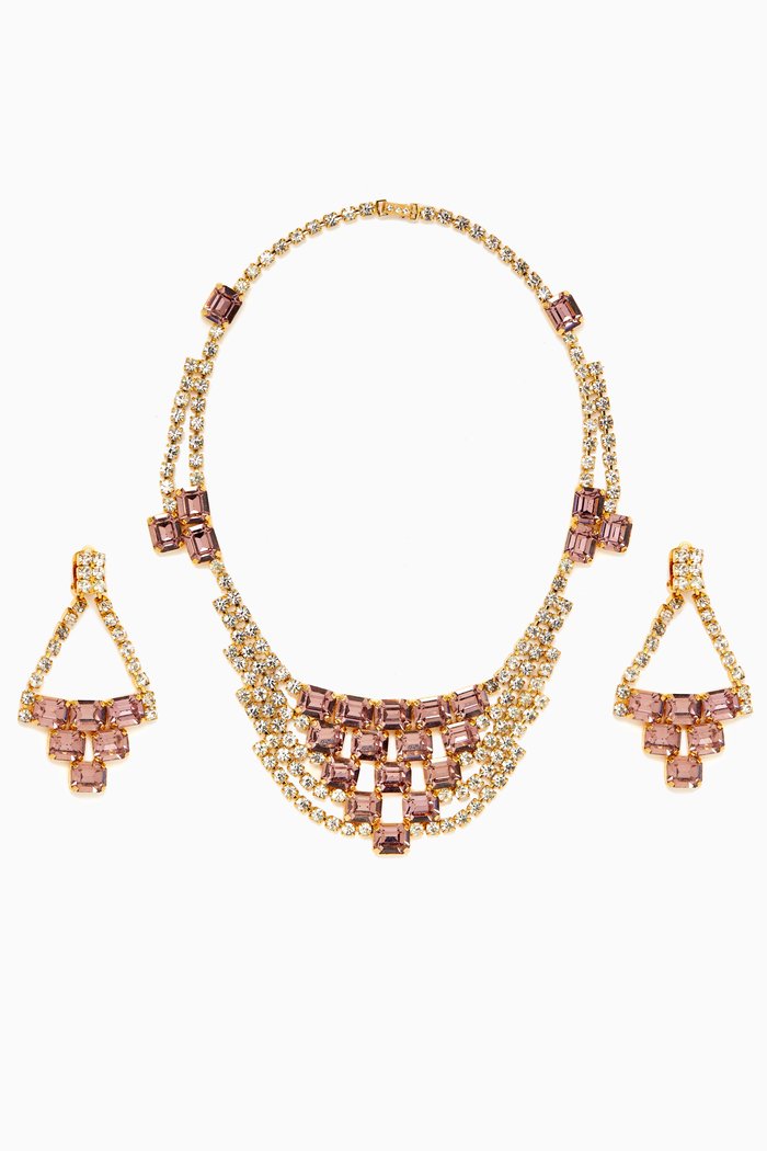 

Rediscovered 1980s Vintage Cascading Necklace & Clip-on Earrings Set, Pink