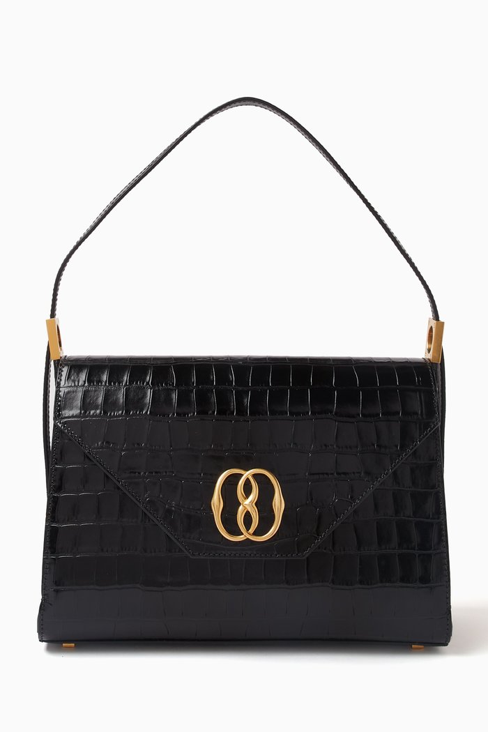 

Large Emblem Trapeze Top Handle Bag in Embossed Calfskin, Black