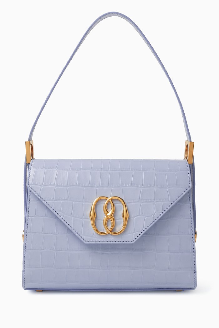 

Medium Emblem Trapeze Top Handle Bag in Croc-embossed Leather, Blue