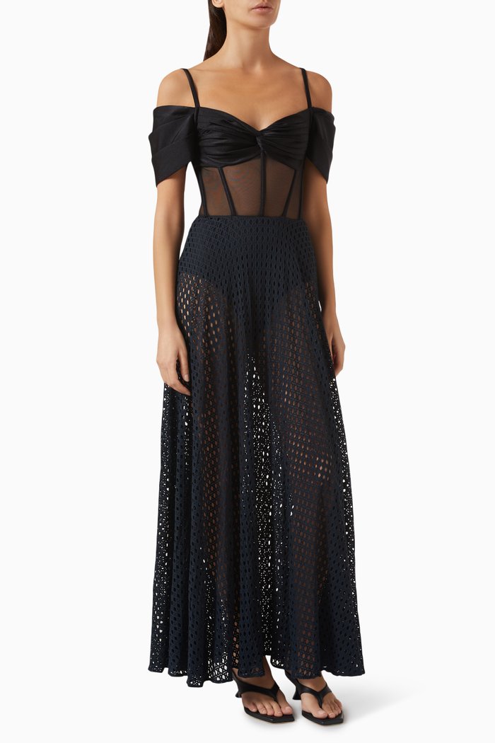 

Corset Maxi Dress in Net, Black